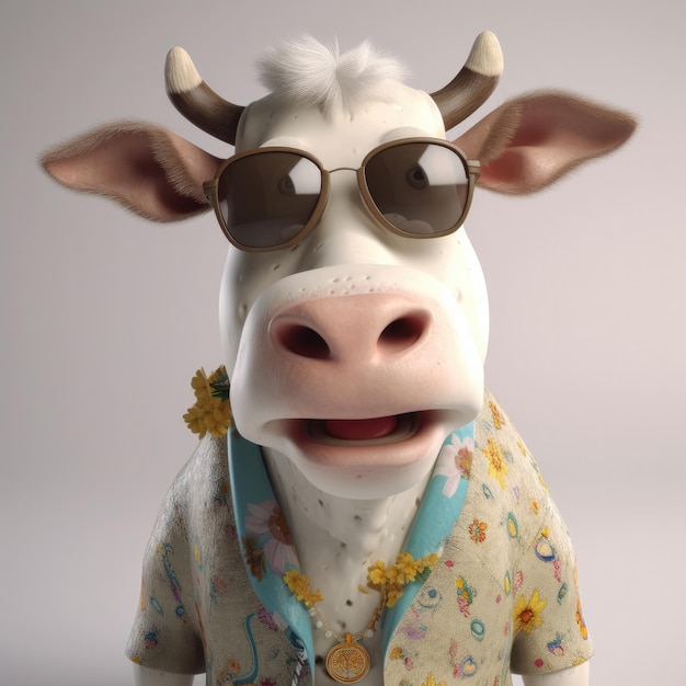 3D cartoon cow portrait wearing clothes glasses hat and jacket standing in front