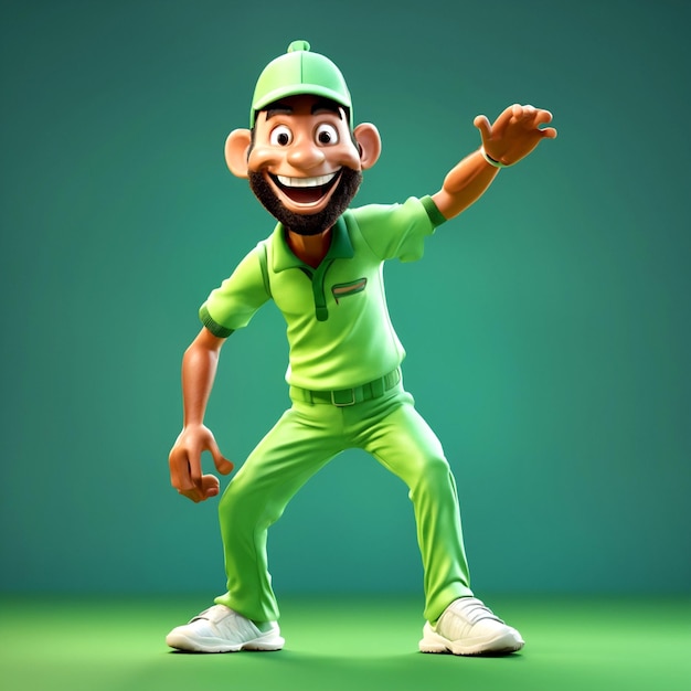 3d cartoon cricket man on green background