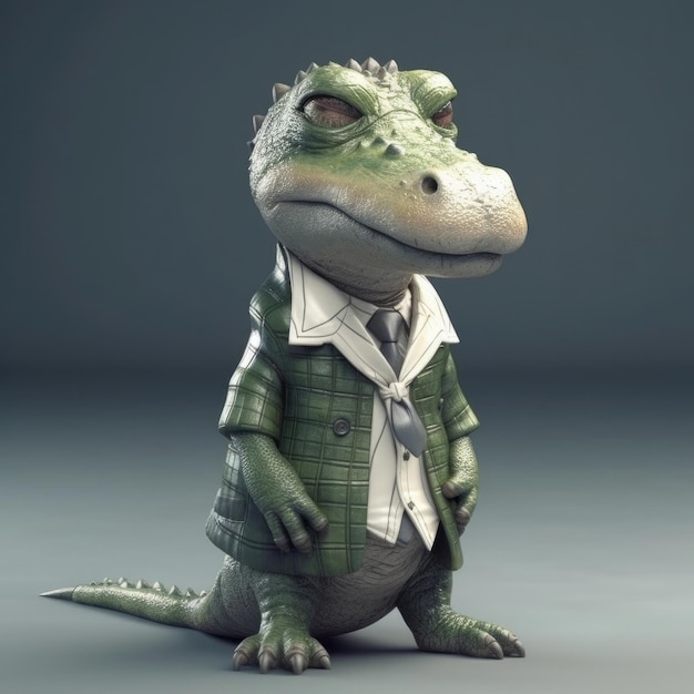 3D cartoon crocodile alligator portrait wearing clothes glasses hat jacket standing in front