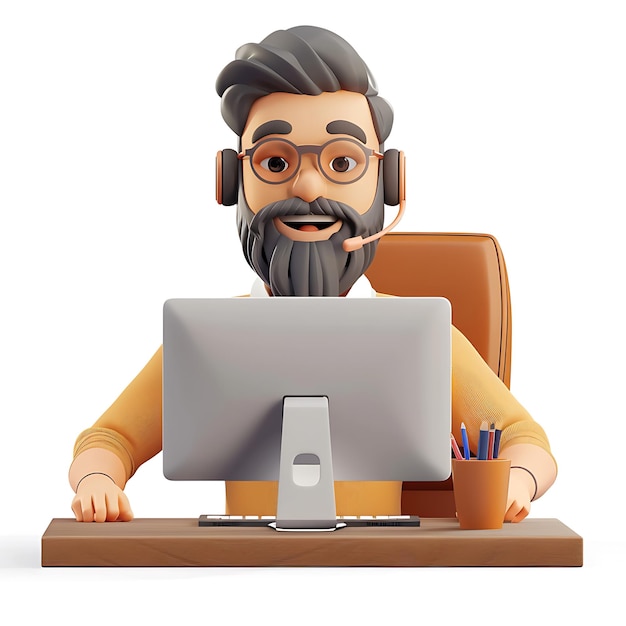 3D Cartoon Customer Support Representative at Desk