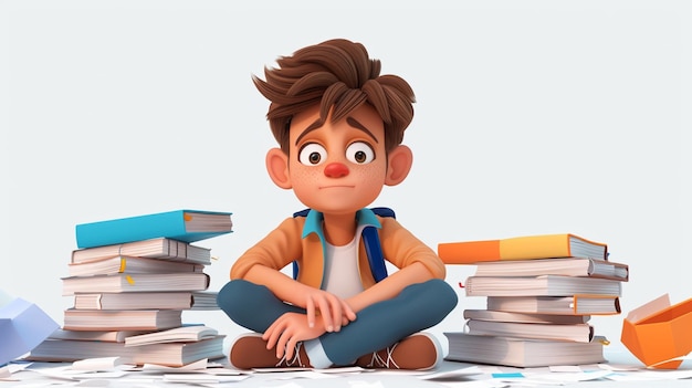 3D cartoon cute 12yearold boy relaxed organized lifestyle illustration