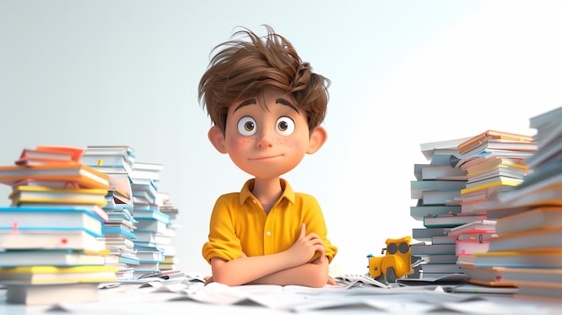 3D cartoon cute 12yearold boy relaxed organized lifestyle illustration