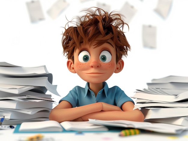 3D cartoon cute 12yearold boy relaxed organized lifestyle illustration