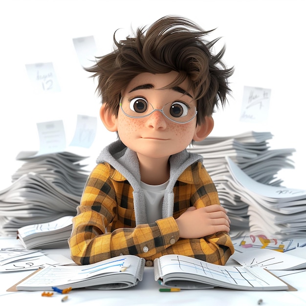 3D cartoon cute 12yearold boy relaxed organized lifestyle illustration