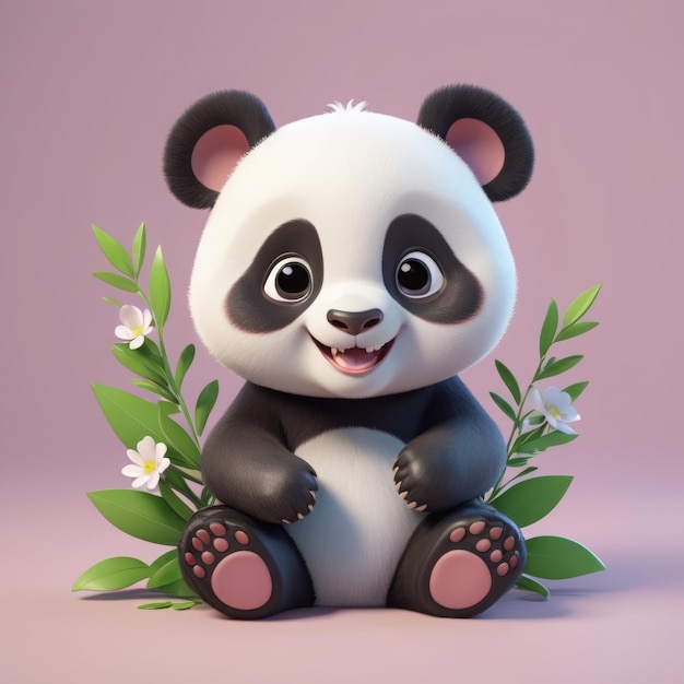 3D Cartoon a cute Baby Panda laughing with little leaves and flowers isolated