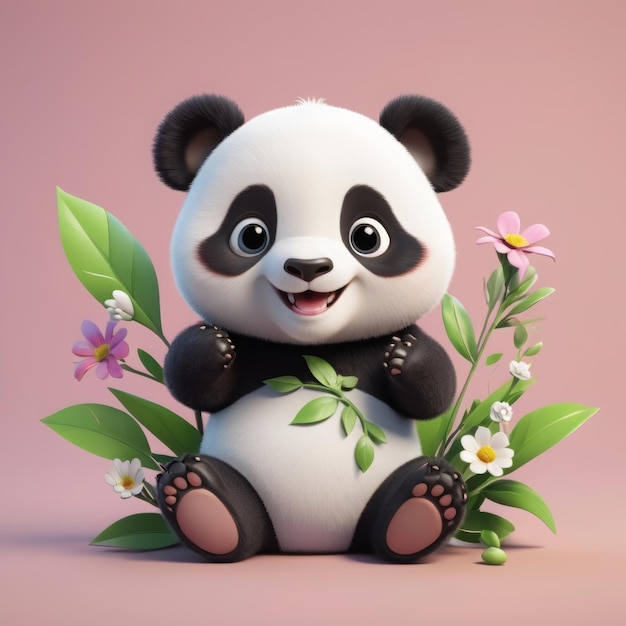 3D Cartoon a cute Baby Panda laughing with little leaves and flowers