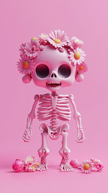 Photo 3d cartoon of a cute baby skeleton holding pink flower