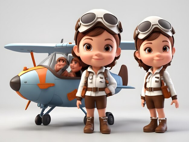 3D cartoon a Cute Girl in Pilot Costume white background