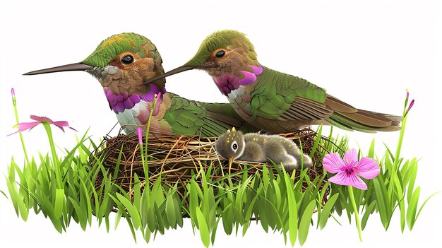 Photo a 3d cartoon cute hummingbird and her baby on white background