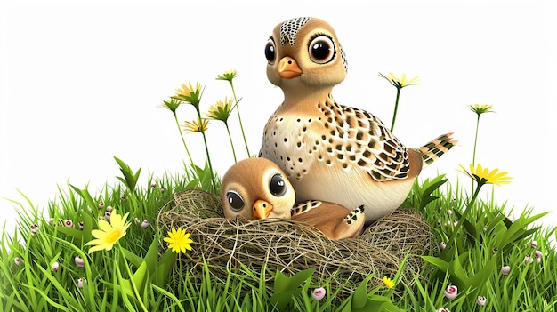 Photo a 3d cartoon cute quail bird and her baby on white background