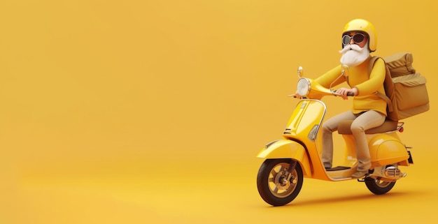 A 3D cartoon delivery man with a white beard riding a yellow scooter wearing a yellow helmet and carrying a large backpack on a bright yellow background With copy space for text