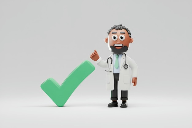 A 3D cartoon doctor points to a green check mark symbolizing approval or success