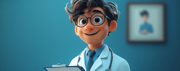 Photo 3d cartoon doctor with clipboard on blue background