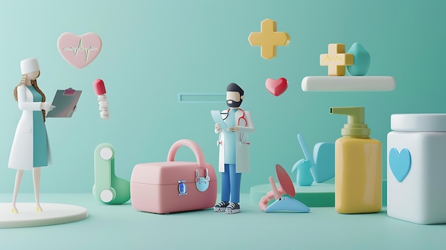 Photo 3d cartoon doctors with medical supplies and icons