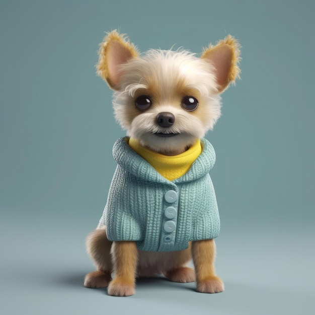 3D cartoon dog portrait wearing clothes glasses hat and jacket standing in front