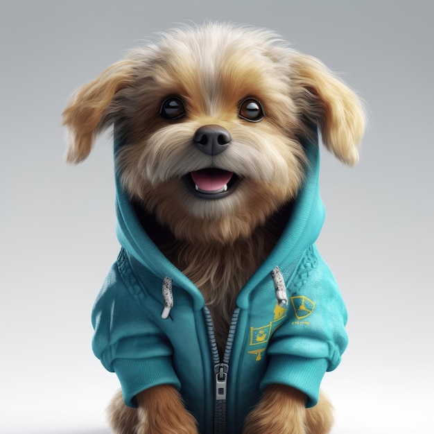 3D cartoon dog portrait wearing clothes glasses hat and jacket standing in front