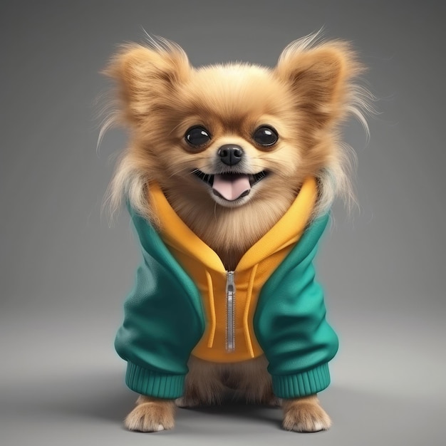 3D cartoon dog portrait wearing clothes glasses hat and jacket standing in front