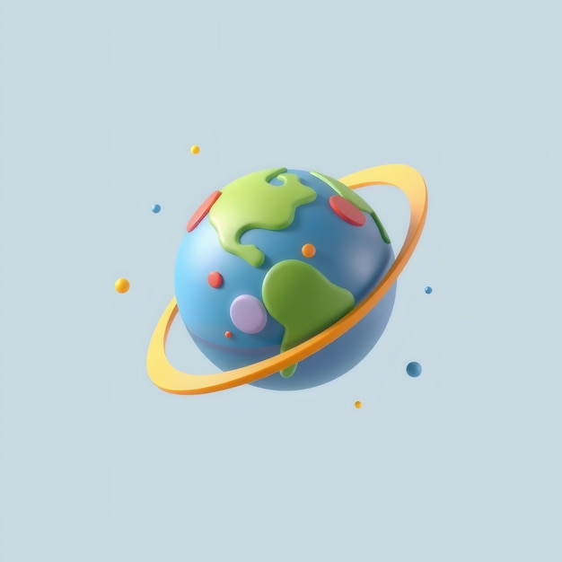 Photo 3d cartoon earth with ring and dots on blue background