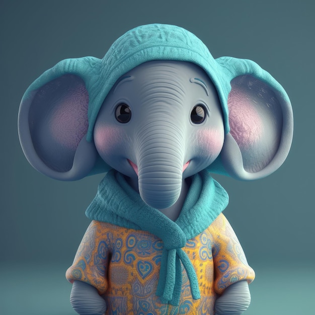 3D cartoon Elephant portrait wearing clothes glasses hat jacket standing in front