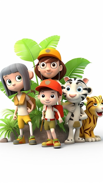 3D Cartoon explorer kids with animals