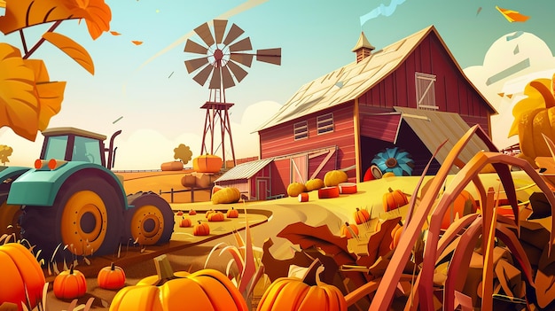 3D Cartoon farm landscape with barn wind mill