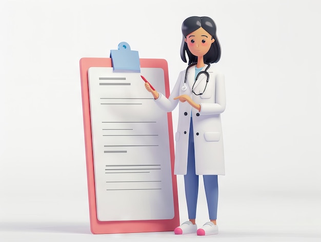 3D cartoon female doctor with medical chart