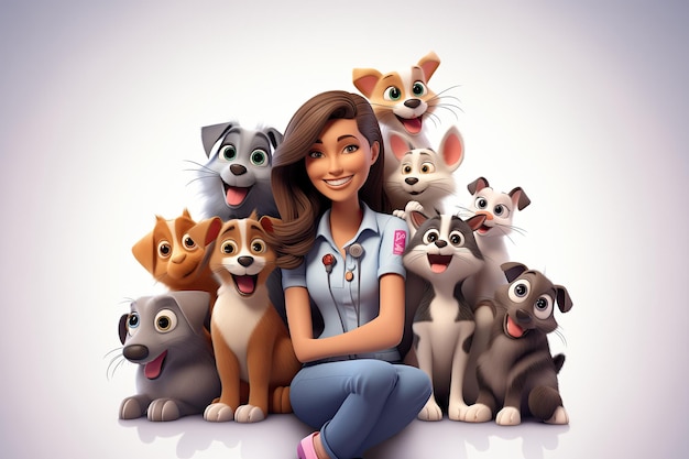 3D Cartoon of a female veterinarian is surrounded by pets