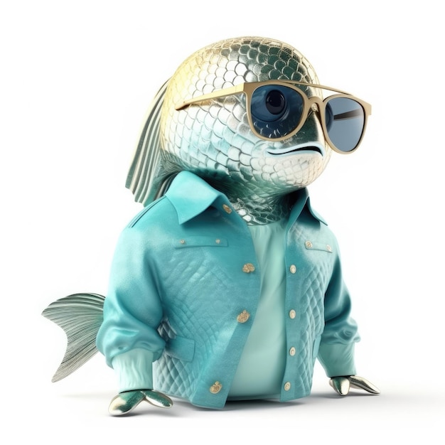 3D cartoon Fish Shark portrait wearing clothes glasses hat jacket standing in front