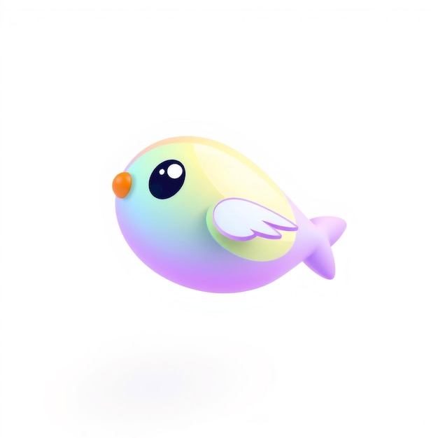 A 3D cartoon fish with rainbow colors big eyes and a small orange nose swims with one white wing