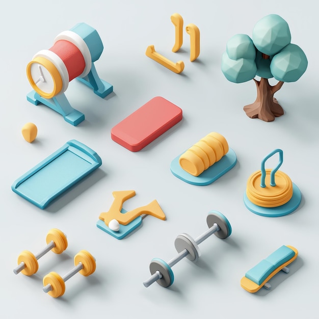 Photo 3d cartoon fitness equipment set gym icons for app design