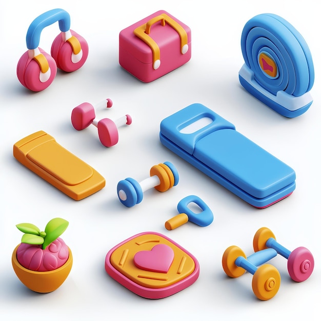 Photo 3d cartoon fitness icons set gym equipment workout health exercise illustration