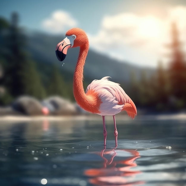 3D cartoon flamingo bird portrait wearing clothes standing in front studio lights generative ai