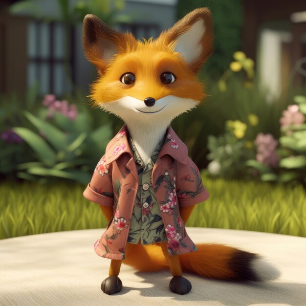 3D cartoon Fox portrait wearing clothes glasses hat and jacket standing in front