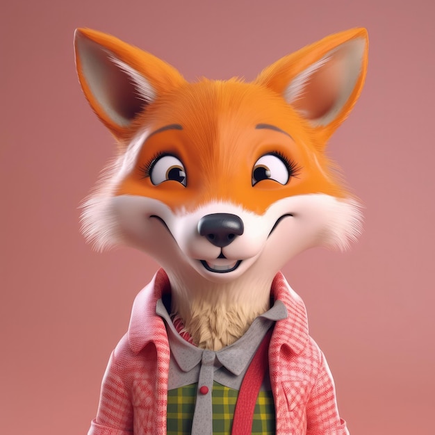 3D cartoon Fox portrait wearing clothes glasses hat and jacket standing in front