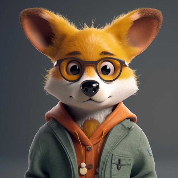 3D cartoon Fox portrait wearing clothes glasses hat and jacket standing in front