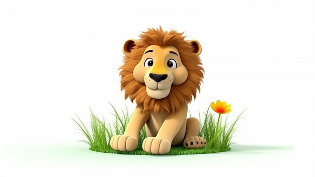 3D Cartoon funny lion sitting in grass