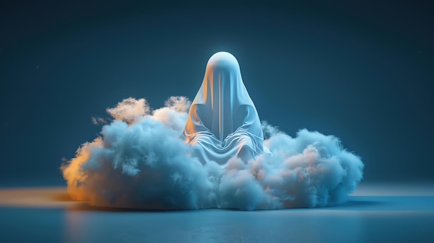 Photo a 3d cartoon ghost sitting on a cloud halloween