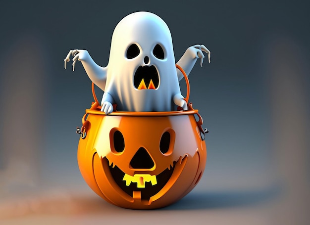 3d cartoon ghost with pumpkin bucket