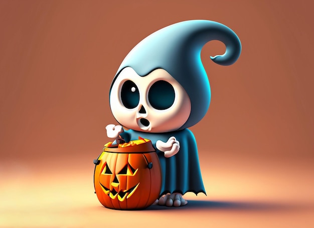 3d cartoon ghost with pumpkin bucket