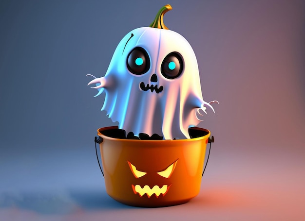 3d cartoon ghost with pumpkin bucket