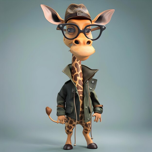 3D Cartoon Giraffie Portrait Wearing Clothes Glasses Hat Jacket Standing In Front