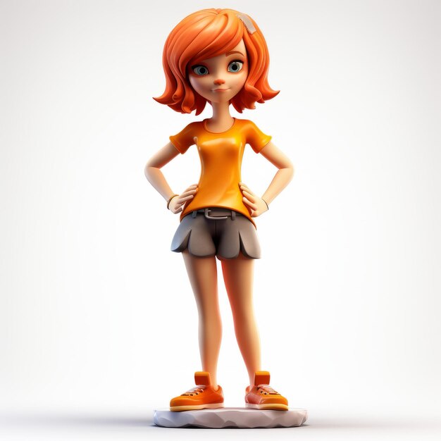 Photo 3d cartoon girl figurine with short orange hair on white background