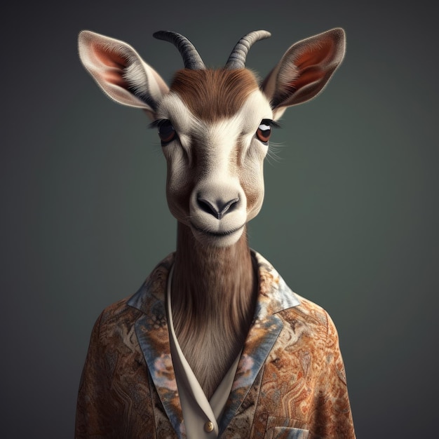 3D cartoon Goat Gazelle portrait wearing clothes glasses hat and jacket standing in front