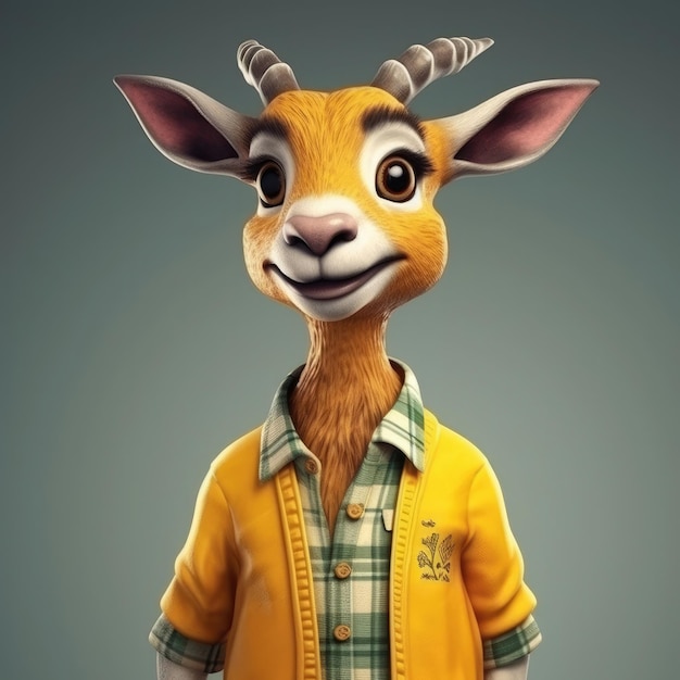 3D cartoon Goat Gazelle portrait wearing clothes glasses hat and jacket standing in front