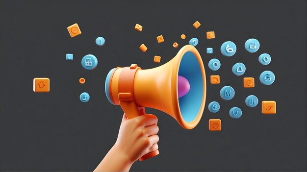 3D cartoon hand holding megaphone social media marketing