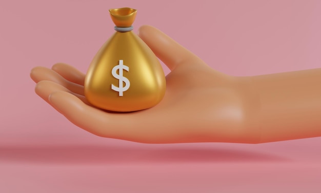 3d Cartoon hand holding money bag with dollar icon on pink background 3d rendering