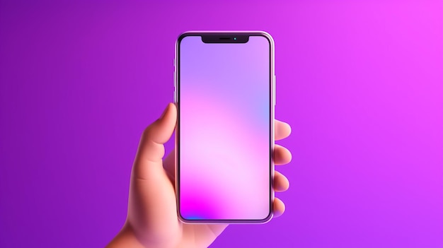 3d cartoon hand holding smartphone isolated on purple background made by generative AI