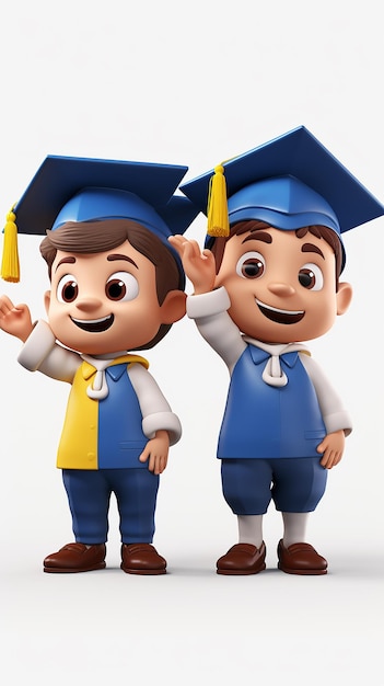 3D cartoon happy children in graduation costumes