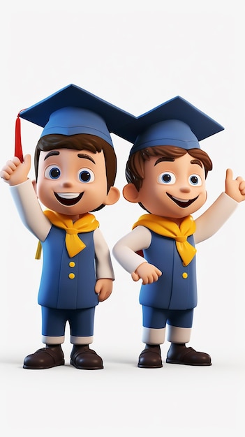 3D cartoon happy children in graduation costumes