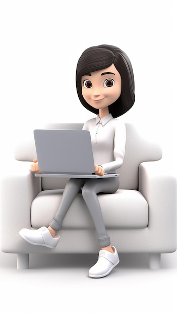 3D cartoon Happy cute adorable trendy girl sitting on white background